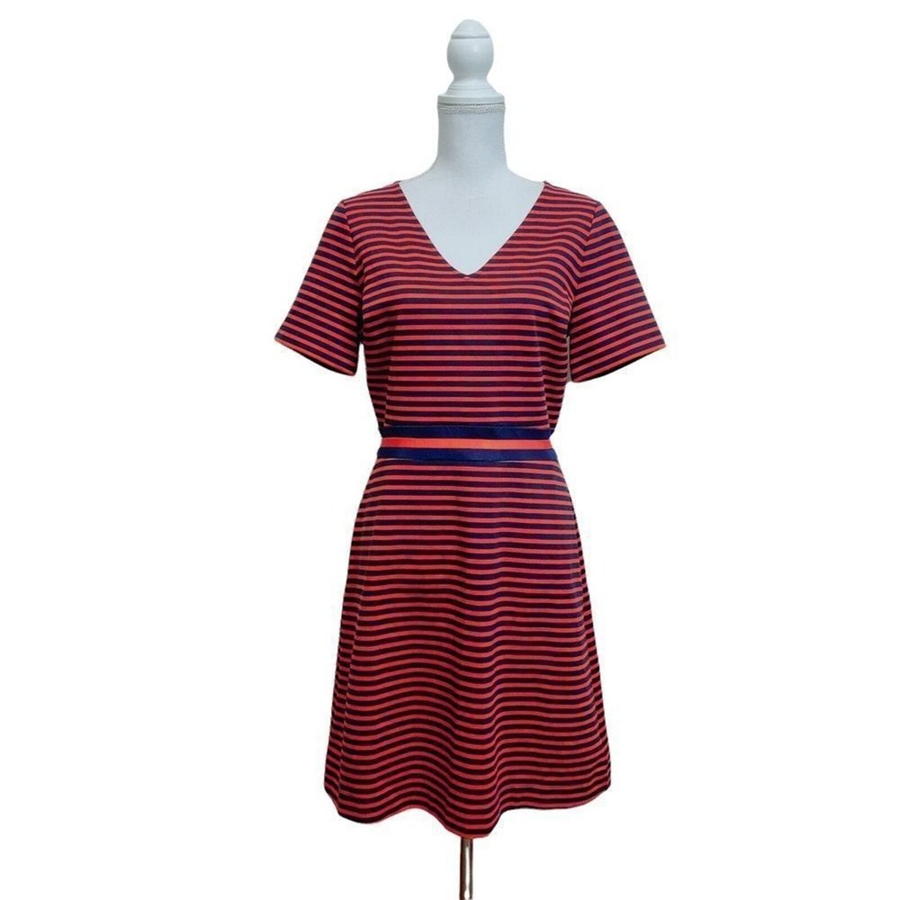 Draper James Nassau Red & Blue Striped V Neck Ponte Knit Dress Modest Classic